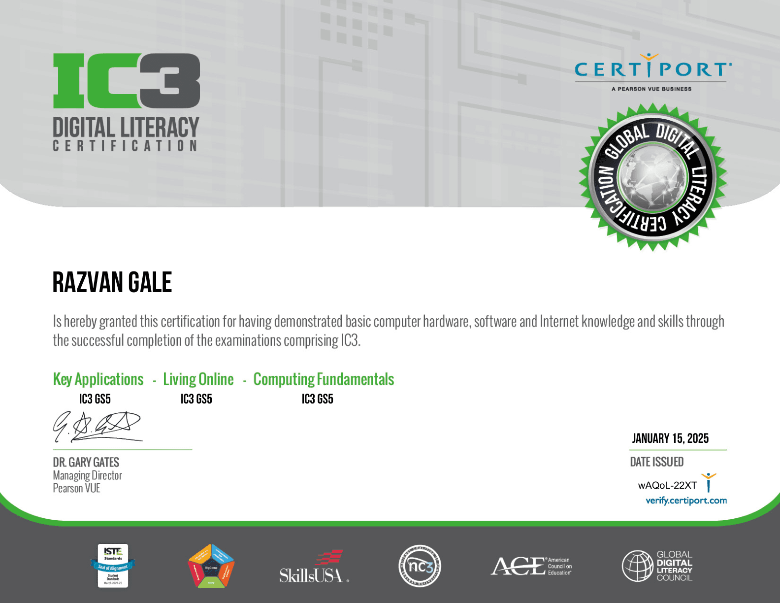 IC3 Digital Literacy Certification — GS5 certificate